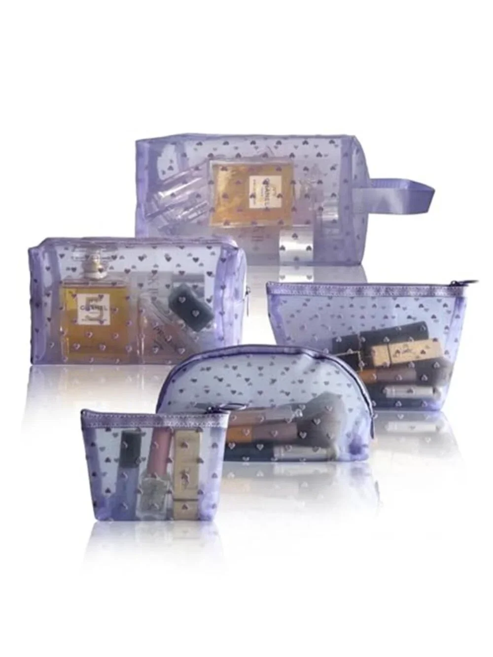 5-Piece Heart Printed Mesh Makeup Bag Set Portable Travel Cosmetic Bags